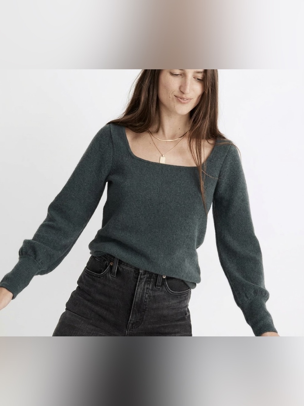 Madewell Square Neck Long Sleeve Waffle Ribbed Knit Top Sweater Dark Green XL